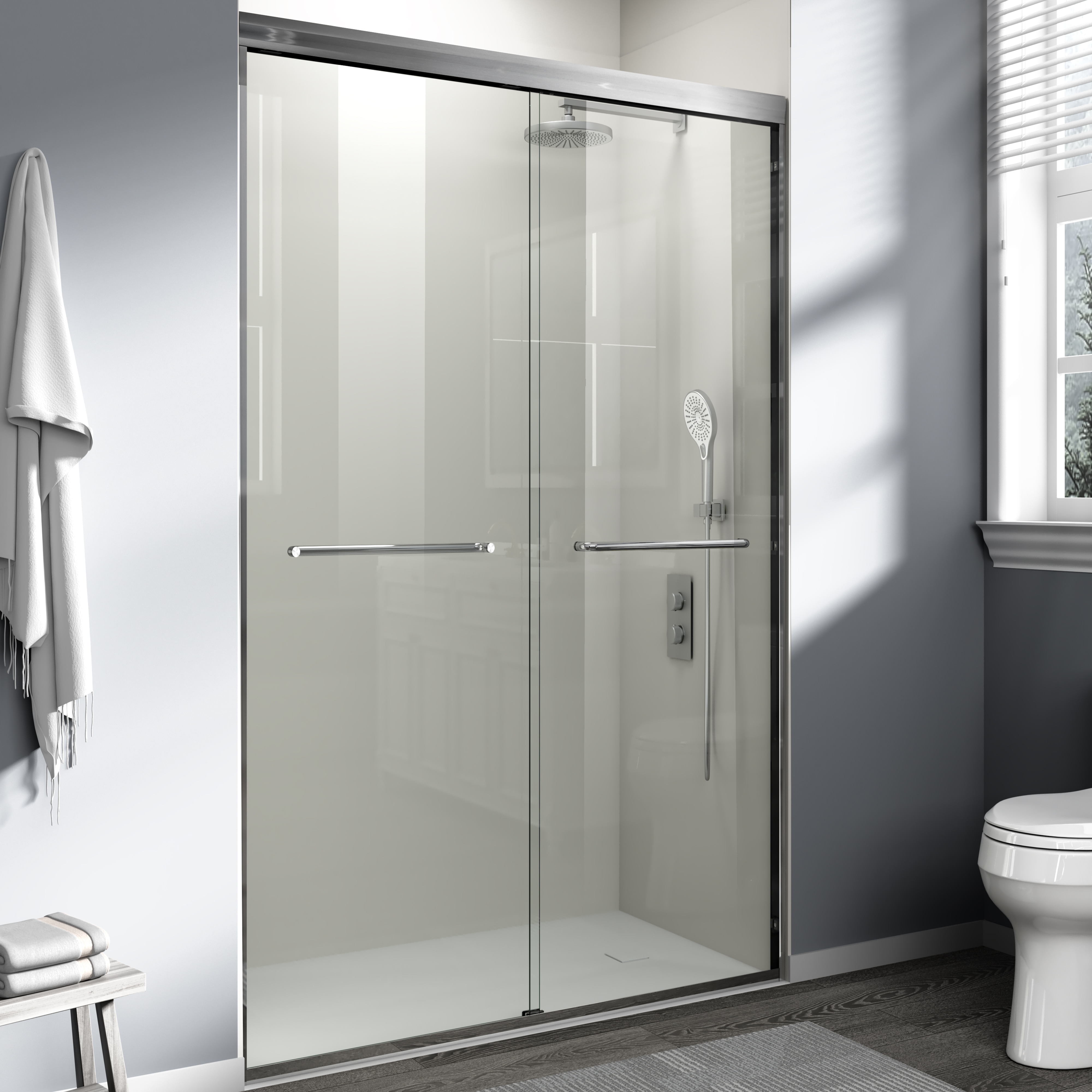 Double Sliding Shower Door Semi-frameless Bypass Brushed Nickel_voghion.com